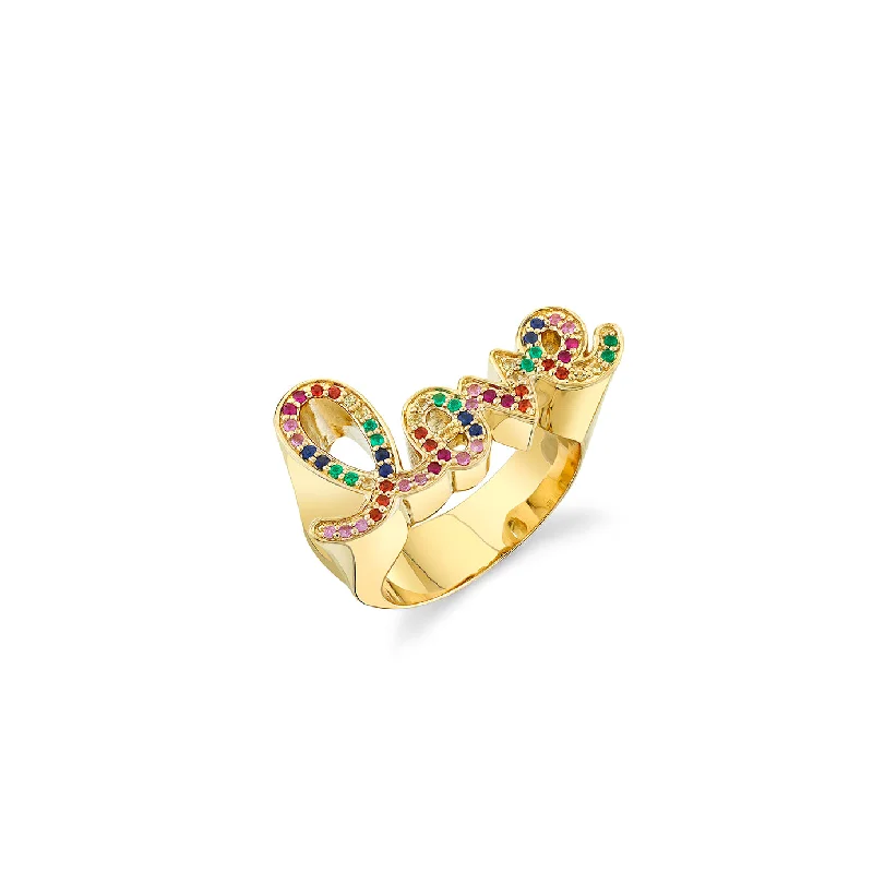 colored gemstone rings -Gold & Rainbow Love Script Block Signet Ring