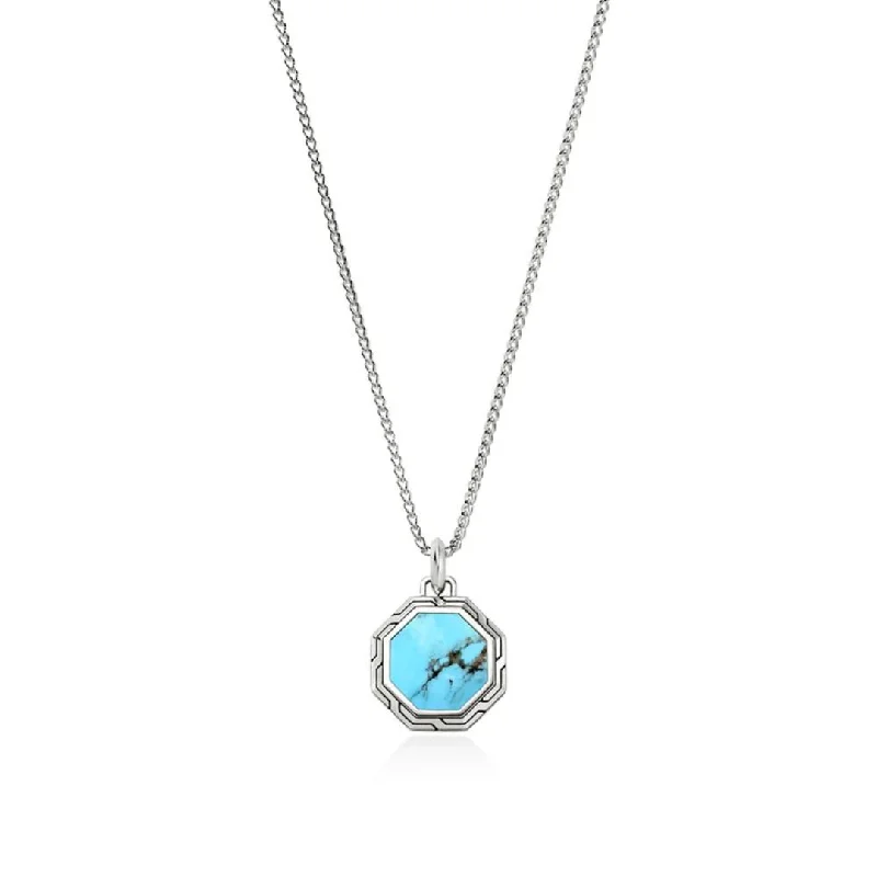 bohemian style necklaces for women -ID Tags Silver Octagon Pendant with Treated Turquoise Necklace by John Hardy