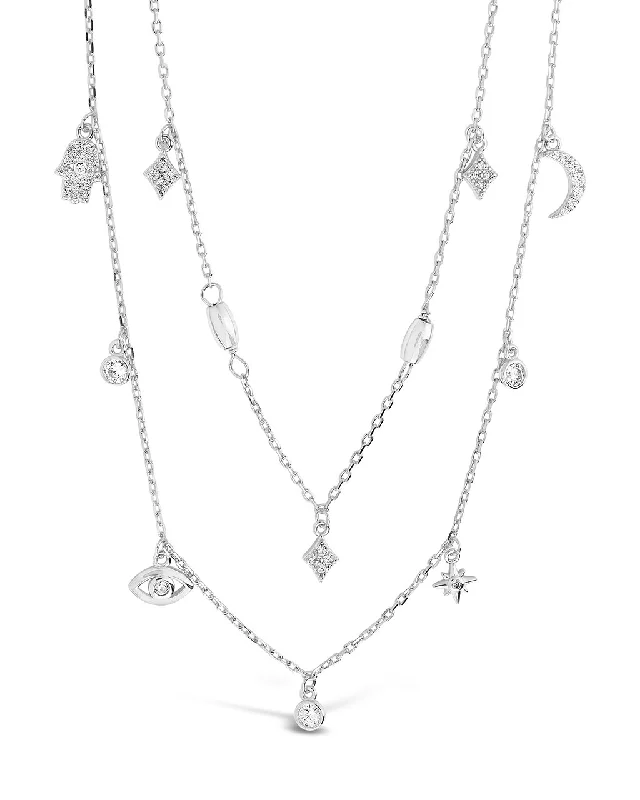 simple necklaces for women -Sterling Silver CZ Evil Eye & Hamsa Layered Charm Necklace