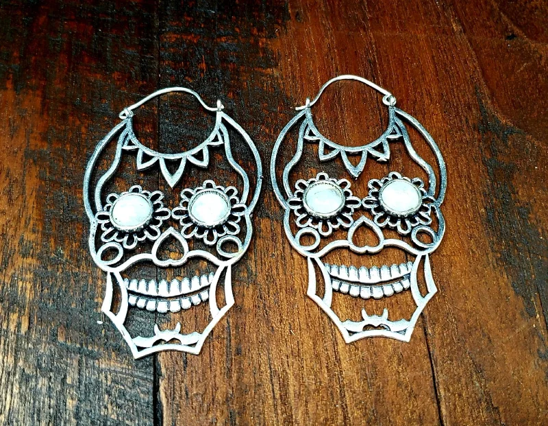 rose gold earrings for women -Moonstone Sugar Skull Earrings