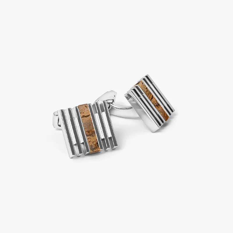 simple leather bracelets for women -THOMPSON Summer Stripes Bar Cufflinks in Palladium Plated with Picture Jasper