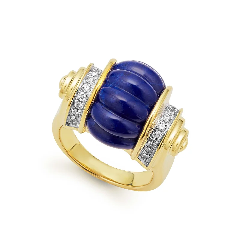 vintage rings for women -Studio 18K Gold and Diamond Lapis Fluted Ring