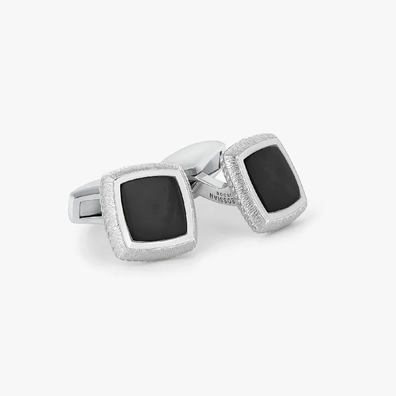 glitter bangles for women -Graffiato Square Cufflinks in White Rhodium Plated Silver and Black Onyx