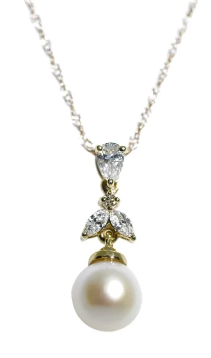 custom name necklaces for women -14K Yellow Gold Pearl & 0.19cttw Diamond Pendant Necklace by RJM