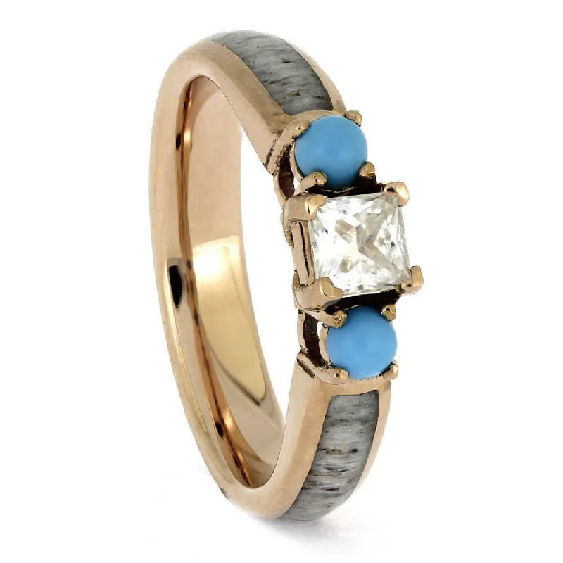 luxury rings for women -Turquoise, Moissanite, and Antler Ring in Rose Gold