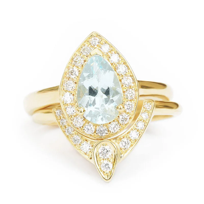 men’s style rings for women -Pear Aquamarine Diamond Halo Ring Bridal Rings Set - "The 3rd Eye"