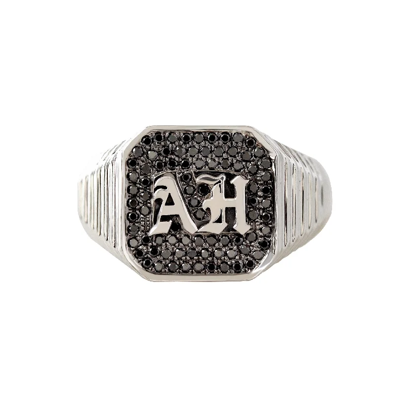 silver rings for women -Men's Gothic Initials Signet Ring with Black Diamonds  – Unisex College Ring