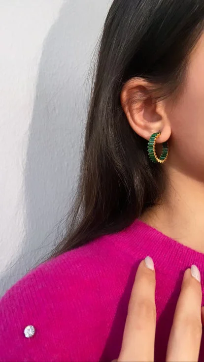 boho earrings for women -Cz baguette hoops - green