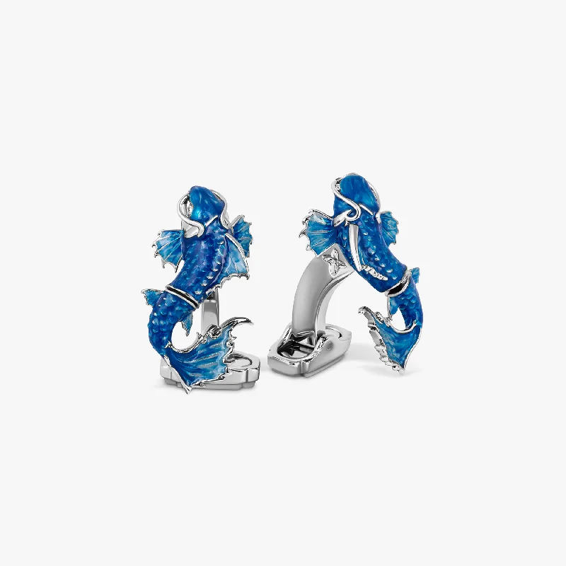 pearl bracelets for women -THOMPSON Koi Fish Cufflinks in White Bronze Plated with Blue Enamel