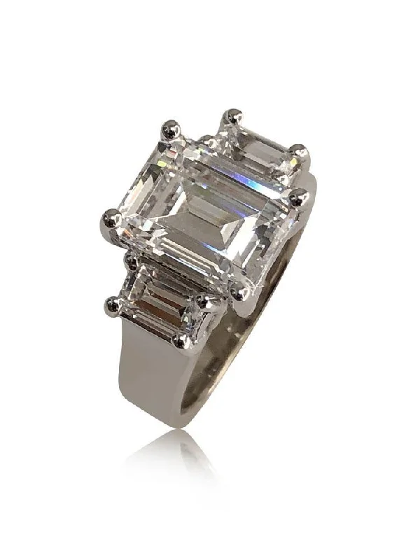 silver stacking rings for women -Emerald Cut CZ 3 Stone Lucida Style 3 Stone Ring