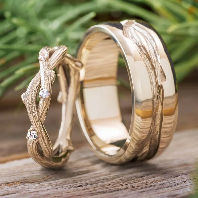 minimalist rings for women -Matching Nature Wedding Ring Set with Branch Profiles