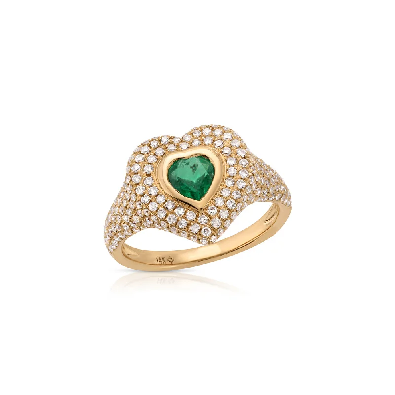 pearl rings for women -14K Rose Gold Diamond Pave and Emerald Heart Pinky Ring