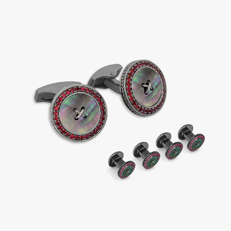 luxury silver bangles -Precious Button cufflink stud set with black mother of pearl and rubies