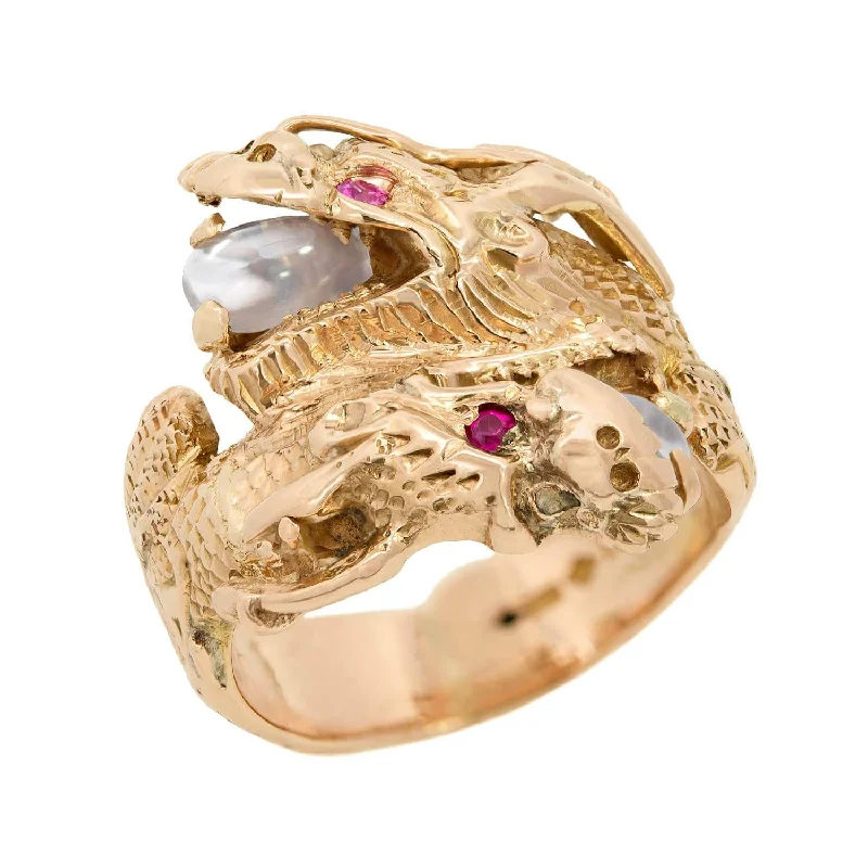 trendy wedding rings -Edwardian 14k Ruby and Moonstone Dragon Ring