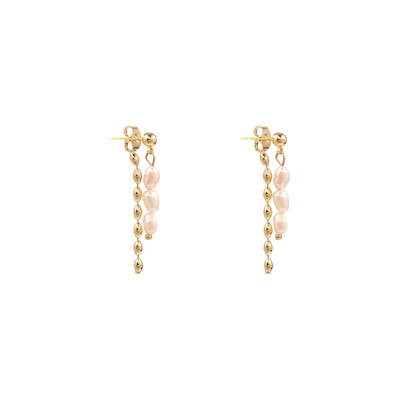 pearl cluster earrings -Front and Back Pearl and Gold Tassel Earrings