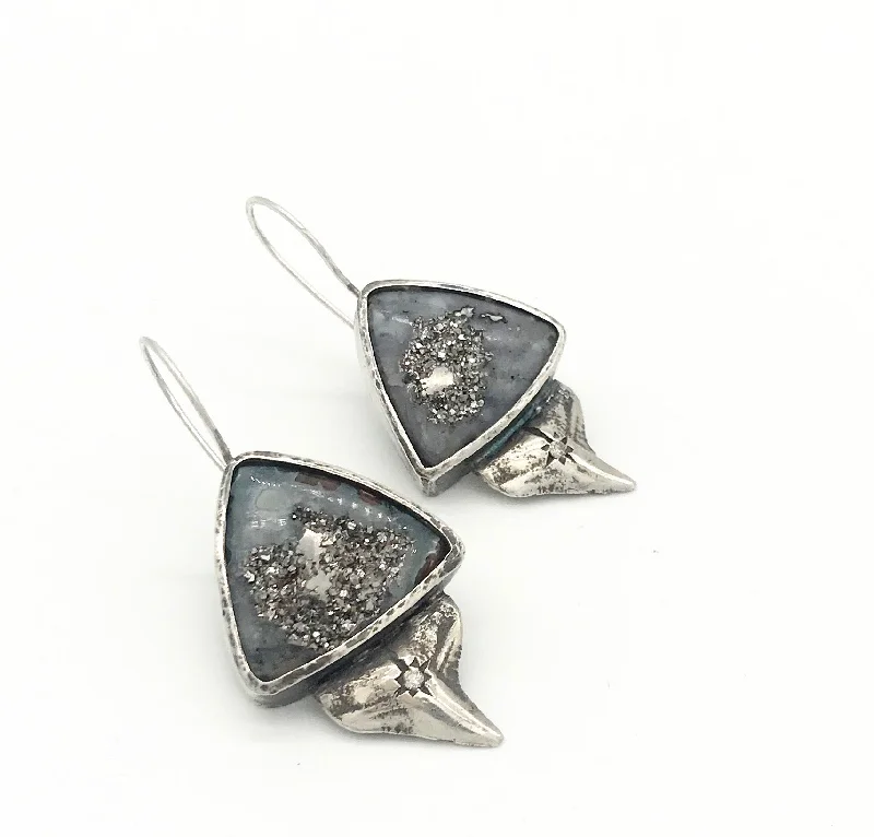 women's silver earrings -drusy shark tooth earrings *SOLD