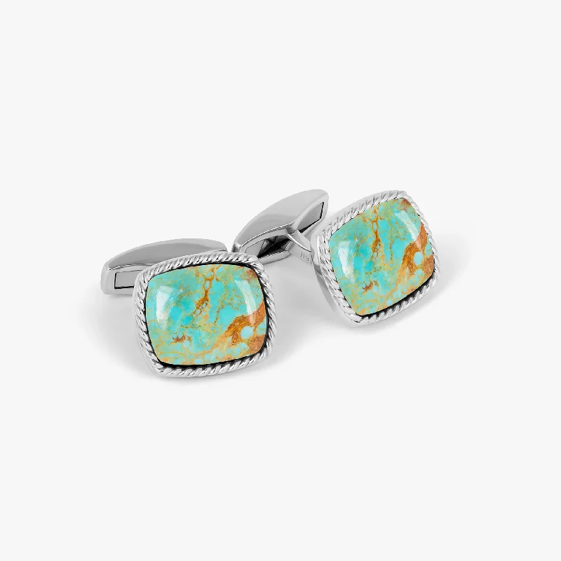 spiral bangles for women -Cable Jasper Cufflinks in Rhodium Plated Silver with Amaroo Turquoise