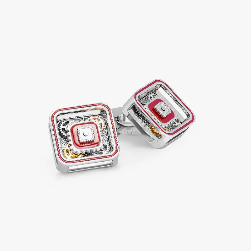 bracelet chains for women -Quadrato Gear Cufflinks With Red Enamel In Palladium Plated