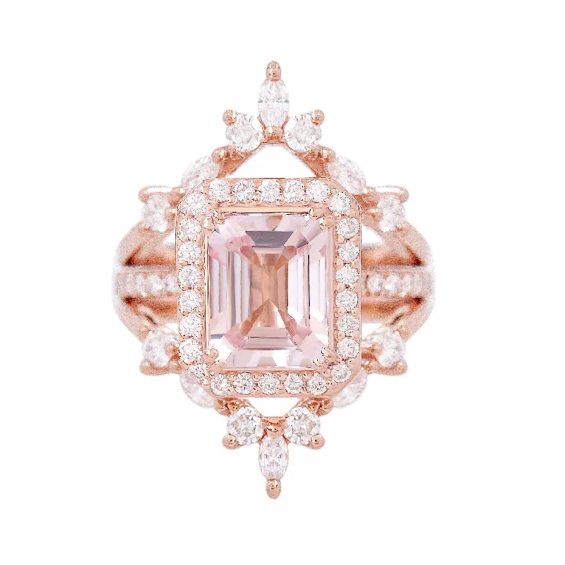 unique rings for women -Emerald Cut Morganite & Diamond Halo Bridal Ring Set, Naomi ♥