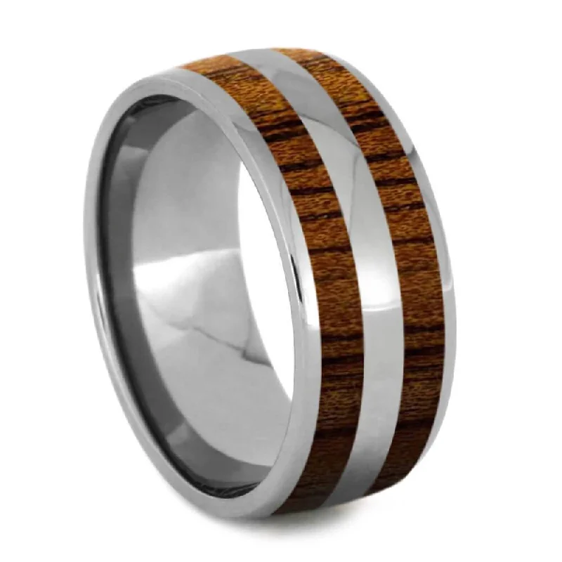 gold heart rings -Double Inlay Titanium Koa Wood Ring, 7.5mm Round Profile, Polished Finish-SI8006