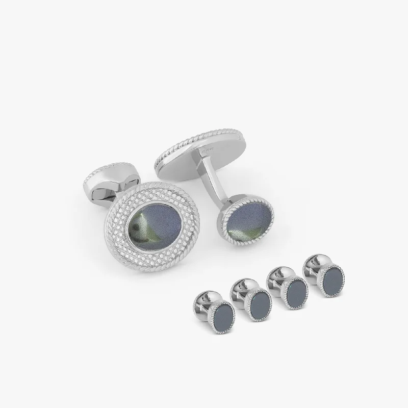 personalized bracelets for women -Cabochon Cufflinks And Studs Set With Grey Hematite In Rhodium Silver