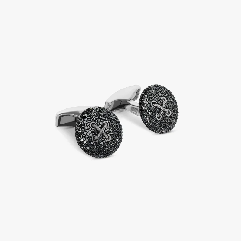 elegant tennis bangles -Button Pave cufflinks with black diamond in sterling silver