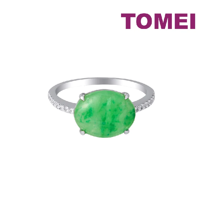 luxury rings for bridal wear -TOMEI Elliptical Jade Ring, White Gold 750