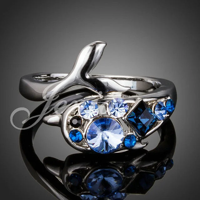 pear-shaped rings for women -18K White Gold Plated Blue Stellux Austrian Crystal Dolphin Ring