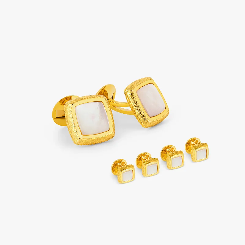 eco-friendly bracelets for women -Graffiato Square Cufflinks & Dress Shirt Studs In Yellow Gold & White Mother Of Pearl