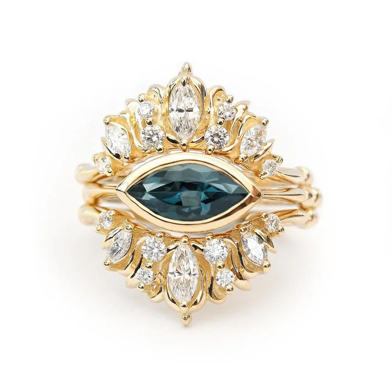 sapphire engagement rings -East West Marquise Bezel Set Blue topaz Wedding Three Ring Set - Illuminati Trio ♥