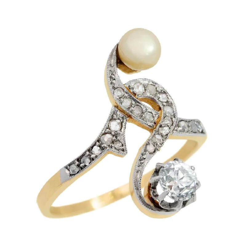 birthday rings for women -Art Nouveau 14k/Platinum Pearl and Diamond Moi Et Toi Ring