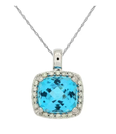 luxury necklaces for women -14K White Gold Cushion Cut 3.00ct Blue Topaz & 0.13cttw Diamond Pendant Necklace