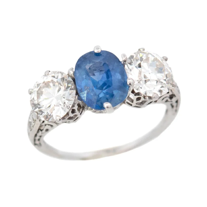 promise rings for couples -Edwardian Platinum GIA No Heat Sapphire and Diamond Three Stone Ring