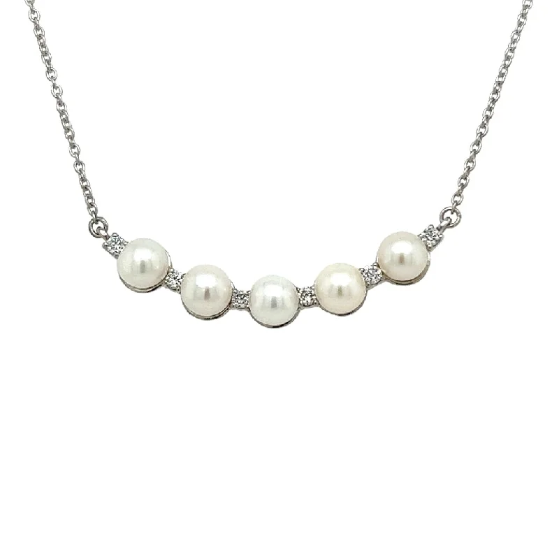 women's gold necklaces -Pearl and Diamond Curved Bar Necklace