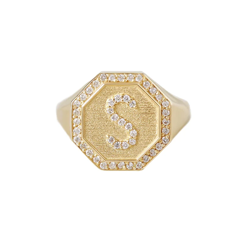 engagement rings for women -Initial Signet Ring - Octagon Signet Diamond Initial Ring - Personalized Gold Name Ring