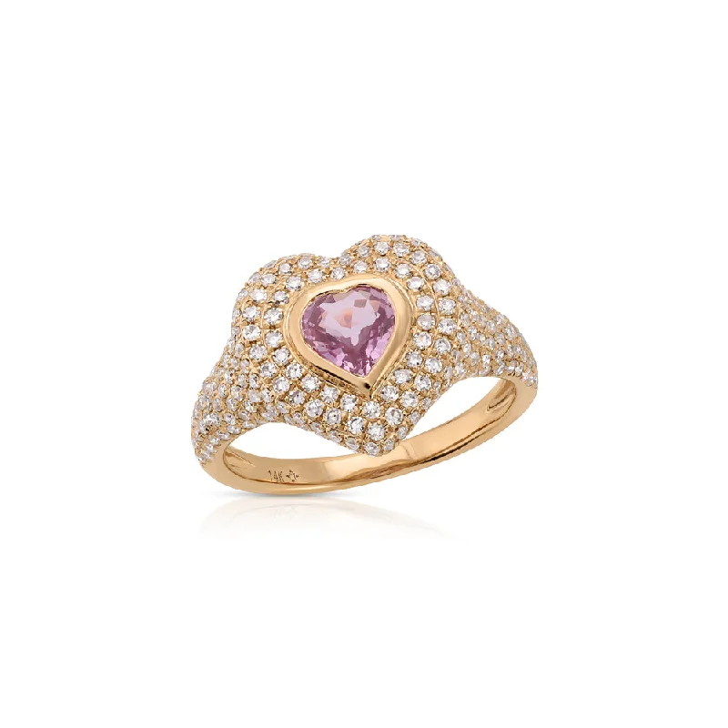 luxury rings for women -14K Rose Gold Diamond Pave and Pink Sapphire Heart Pinky Ring