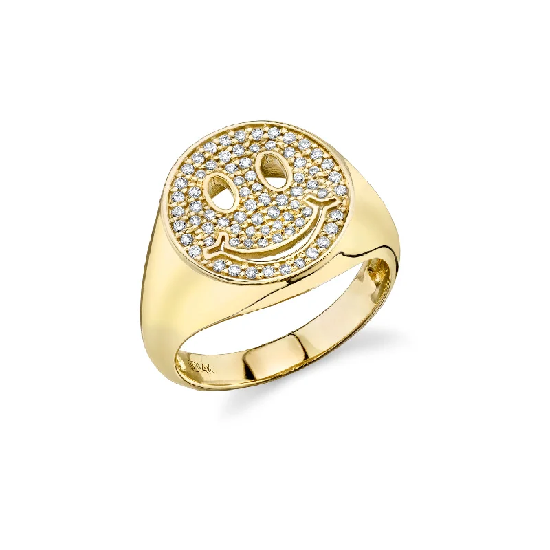 custom rings for women -Gold & Diamond Happy Face Pavé Signet Ring