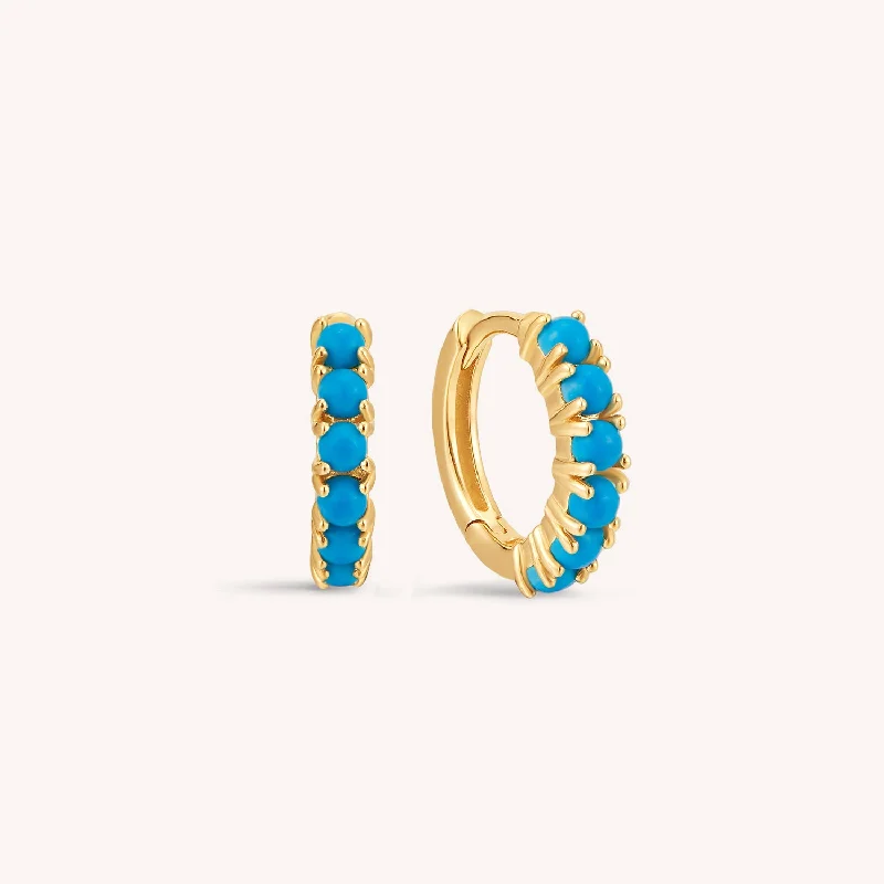 dangle earrings for women -14K Solid Gold Tiny Pave Turquoise Hoop Earrings